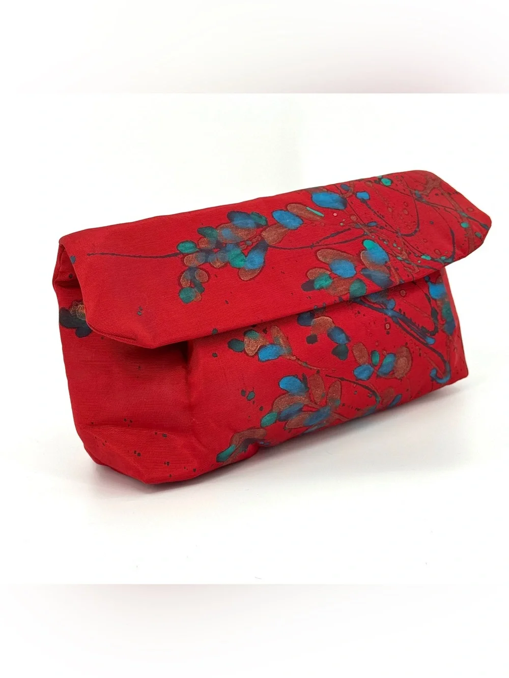 Vintage Red Silk Hand Crafted Foldover Clutch with Teal Accents